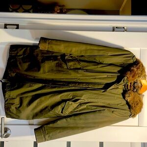 Ladies jacket with hood natural rabbit fur. Inside with warm removable lining.